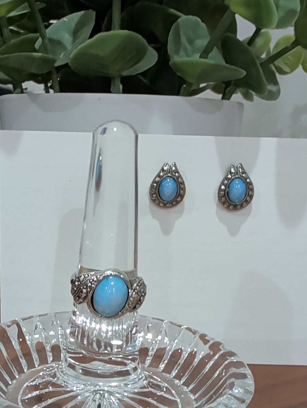 Vintage Silver Faux Blue Opal Ring & Teardrop Earring Set Size 6